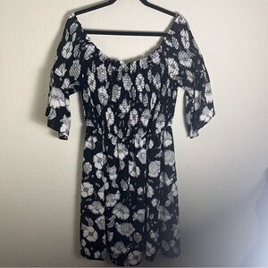 Lilian Chic Black and White Floral 3/4 Sleeve Dress off the shoulder